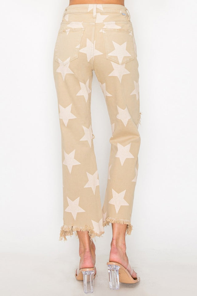 RISEN Full Size High Rise Star Printed Frayed Hem Jeans Trendsi Hanalas