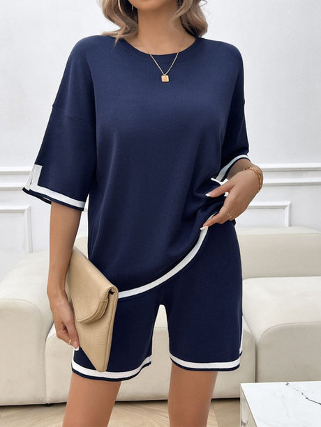 Devine Contrast Trim Round Neck Top and Shorts Set | Hanalas