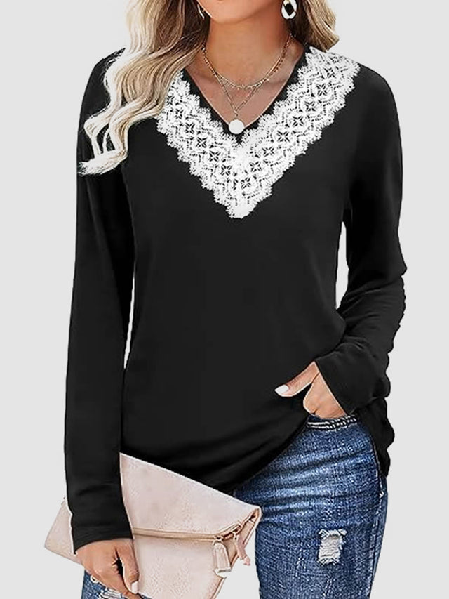 Lace Detail V-Neck Long Sleeve T-Shirt | Hanalas