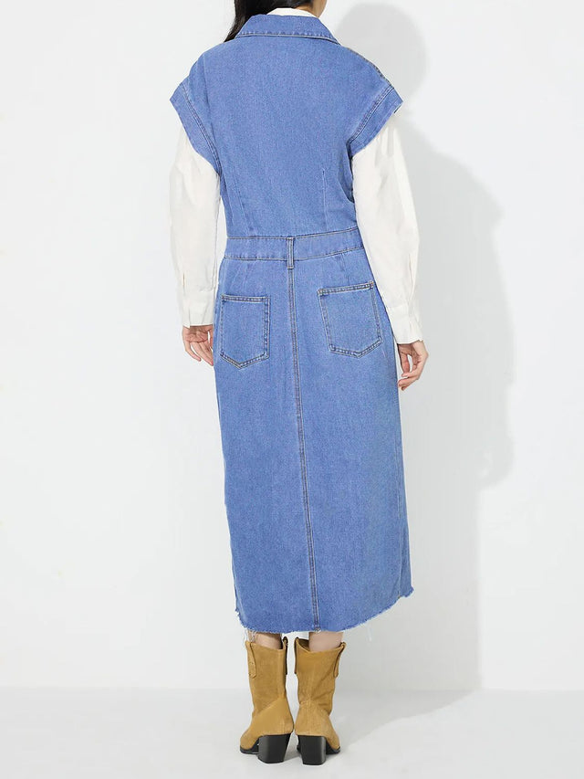 Slit Half Button Collared Neck Cap Sleeve Denim Dress Trendsi Hanalas