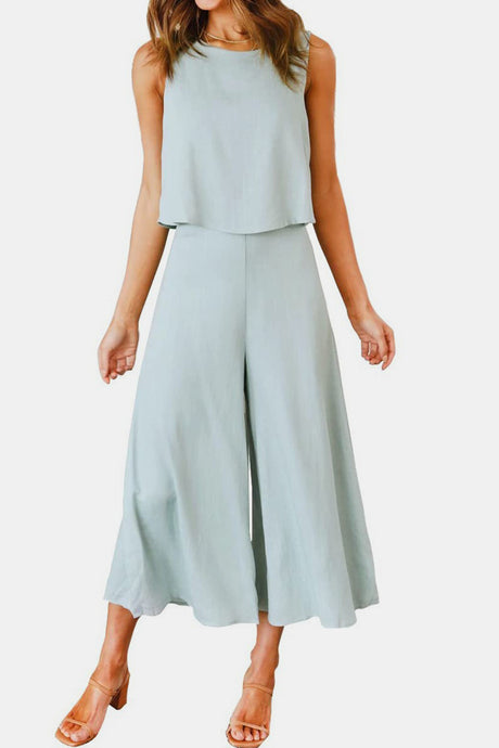 Round Neck Top and Wide Leg Pants Set | Hanalas