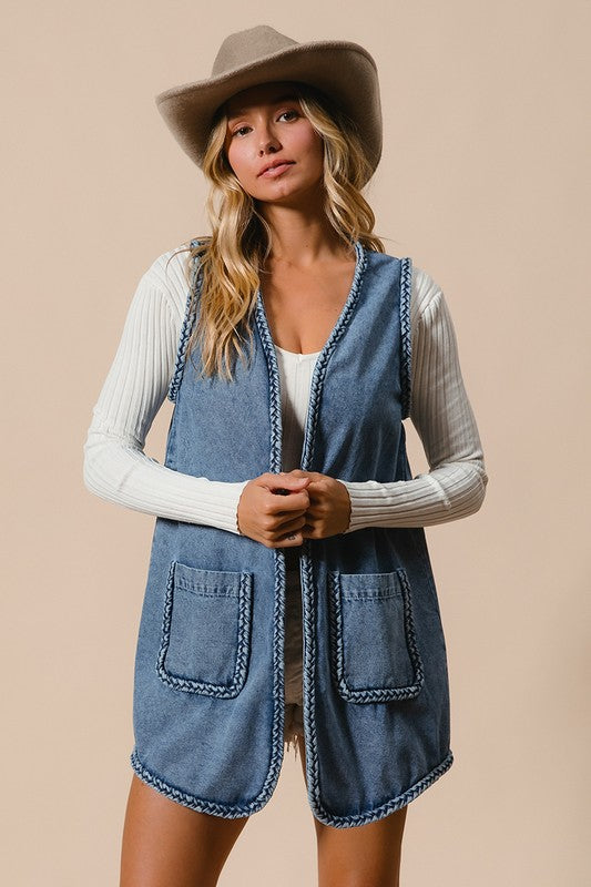 BiBi Braided Trim Open Front Denim Vest with Pockets | Hanalas