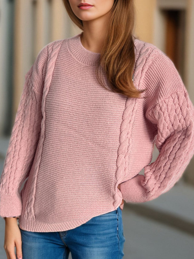 Cable-Knit Round Neck Long Sleeve Sweater Trendsi Hanalas