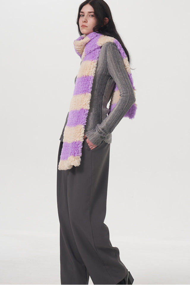 Fuzzy Contrast Striped Scarf | Hanalas