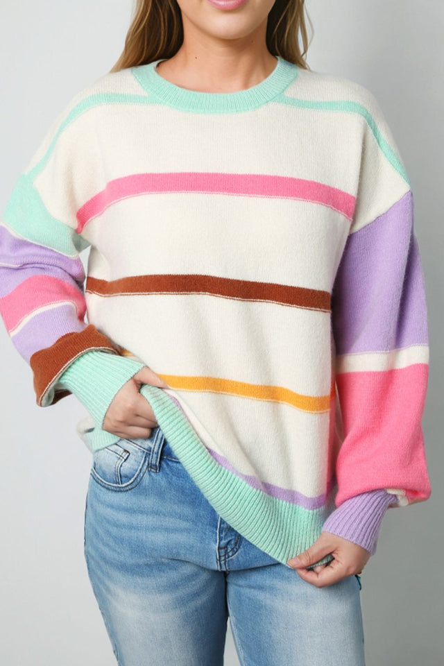 Contrast Striped Round Neck Drop Shoulder Sweater | Hanalas