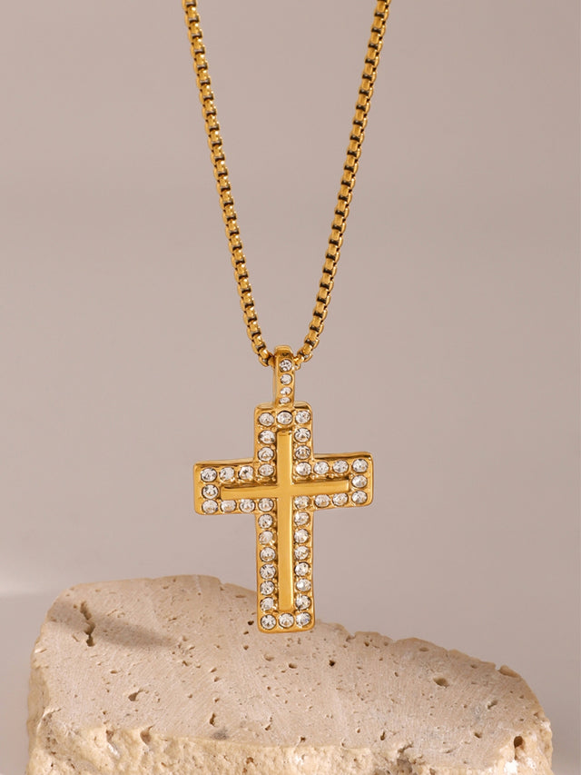 18K Gold-Plated Inlaid Zircon Cross Necklace | Hanalas