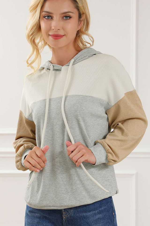 Drawstring Color Block Long Sleeve Hoodie | Hanalas