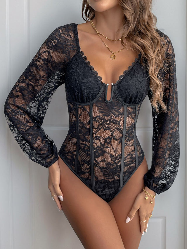 Perfee Lace V-Neck Long Sleeve Bodysuit Trendsi Hanalas