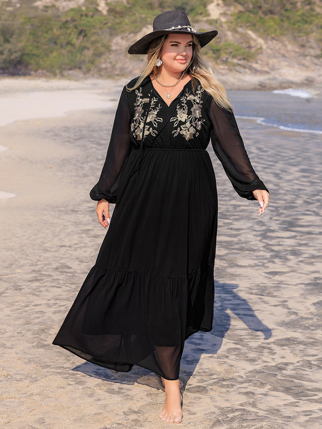 Plus Size Embroidered Tie Neck Long Sleeve Dress Trendsi Hanalas