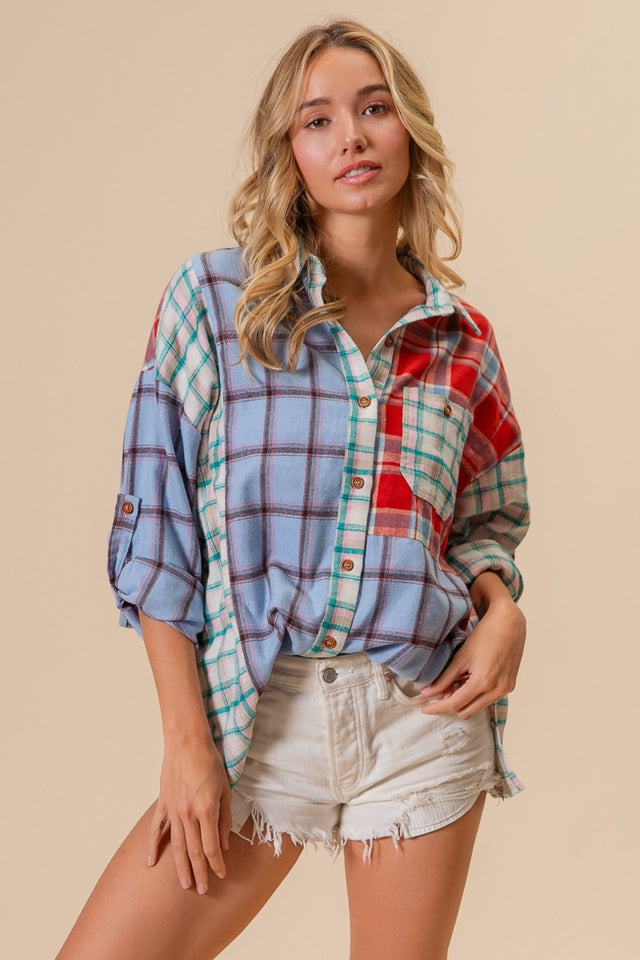 BiBi Color Block Plaid Button Down Shirt | Hanalas