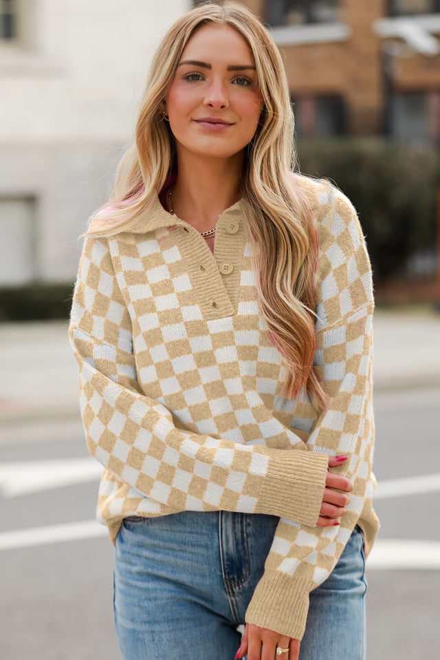 Checkered Collared Neck Long Sleeve Sweater | Hanalas