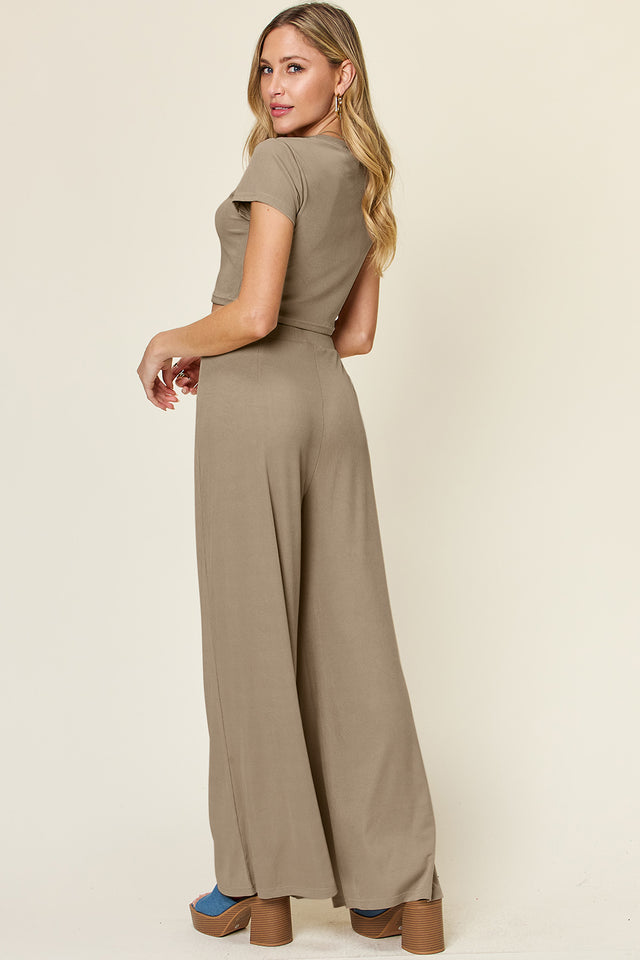 Double Take Full Size Round Neck Top and Pants Set | Hanalas