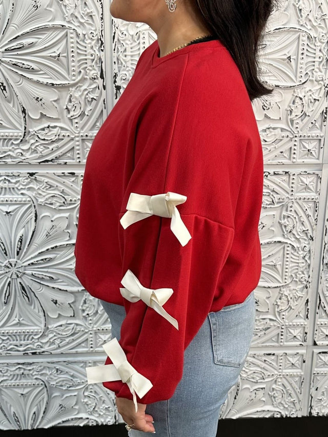 Contrast Bow Round Neck Long Sleeve Sweatshirt | Hanalas