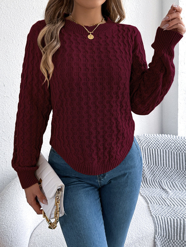 Asymmetric Hem Round Neck Long Sleeve Sweater Trendsi Hanalas