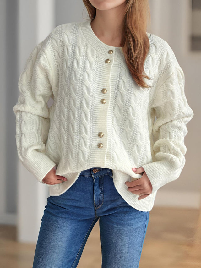 Cable-Knit Round Neck Long Sleeve Cardigan Trendsi Hanalas