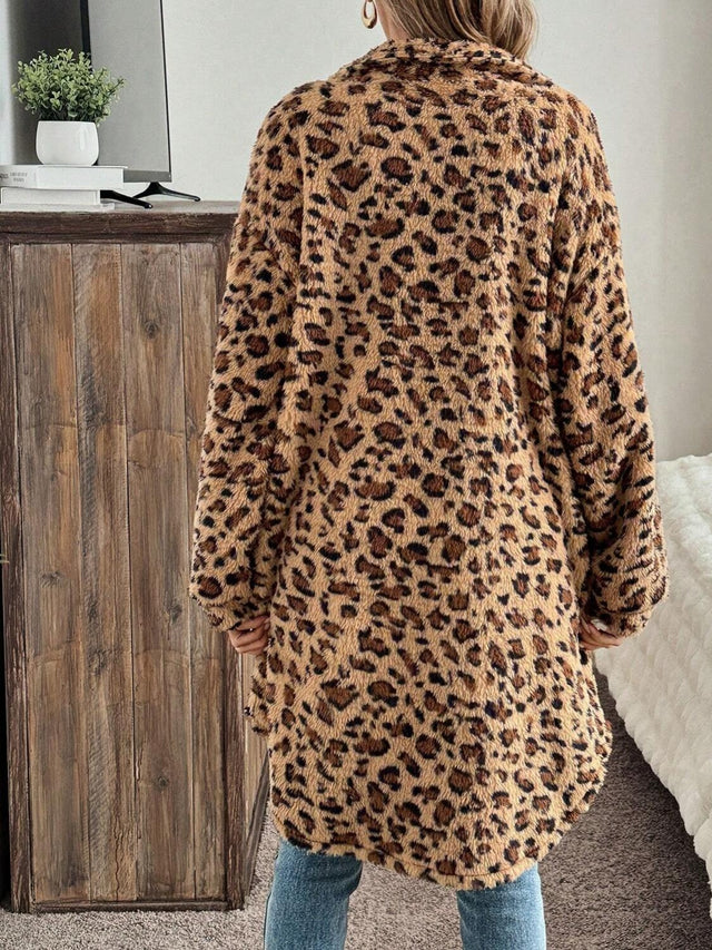 Leopard Button Up Long Sleeve Fuzzy Coat | Hanalas