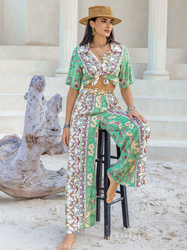 Printed Half Sleeve Top and Wide Leg Pants Set | Hanalas