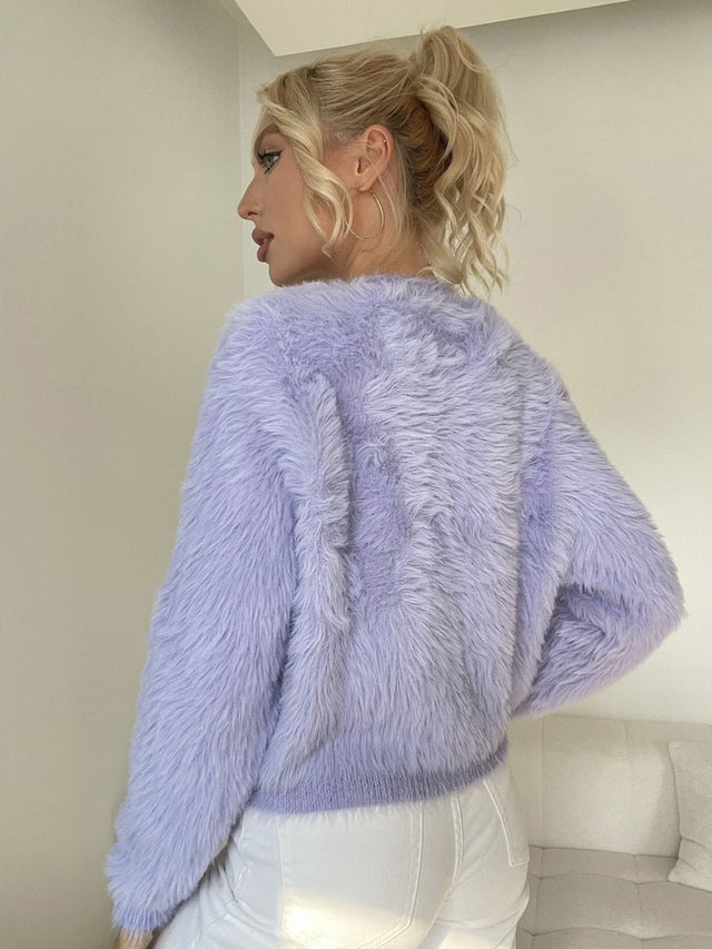 Button Down Long Sleeve Fuzzy Cardigan | Hanalas