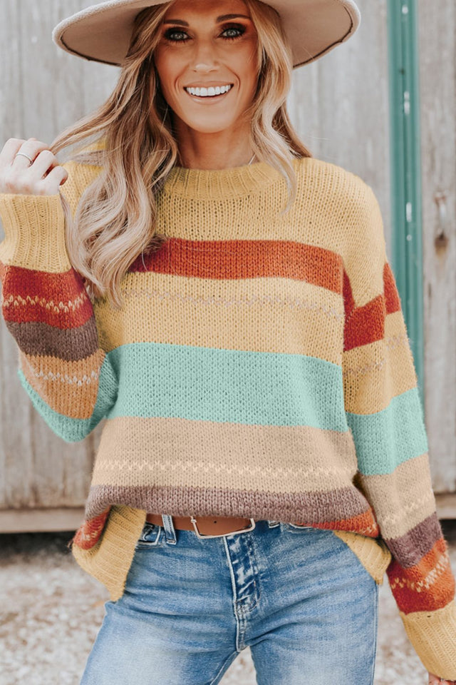 Color Block Round Neck Dropped Shoulder Sweater | Hanalas