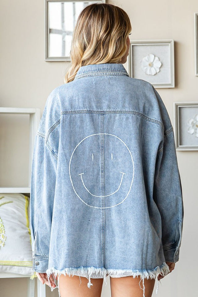 First Love Smile Face Button Down Raw Hem Denim Jacket | Hanalas