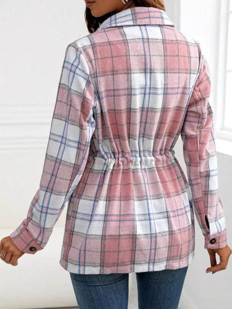 Drawstring Plaid Button Up Jacket with Chest Pockets | Hanalas