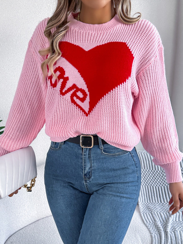 LOVE Heart Round Neck Dropped Shoulder Sweater | Hanalas