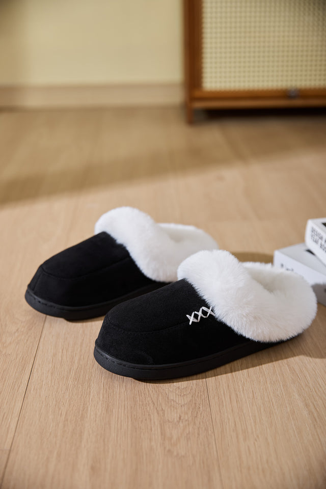 Fluff Trim Round Toe Flat Slippers | Hanalas