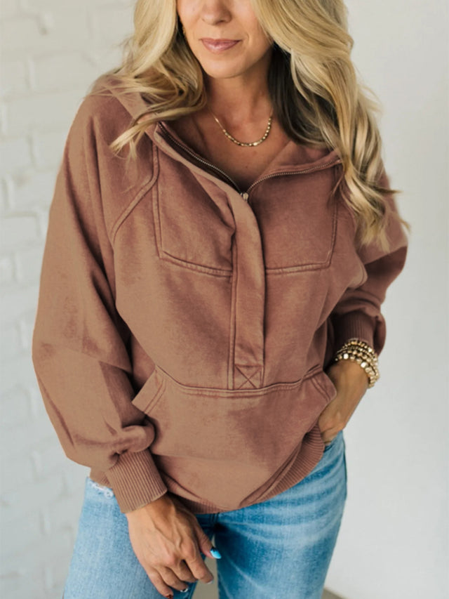 Half Zip Kangaroo Pocket Long Sleeve Hoodie | Hanalas