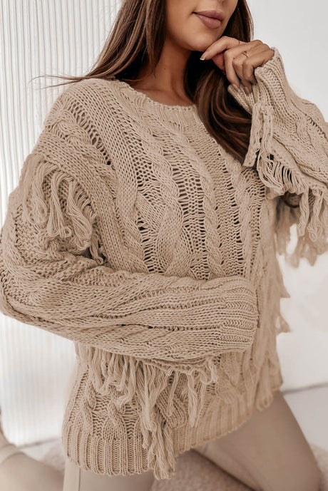 Cable Knit Fringe Round Neck Long Sleeve Sweater | Hanalas