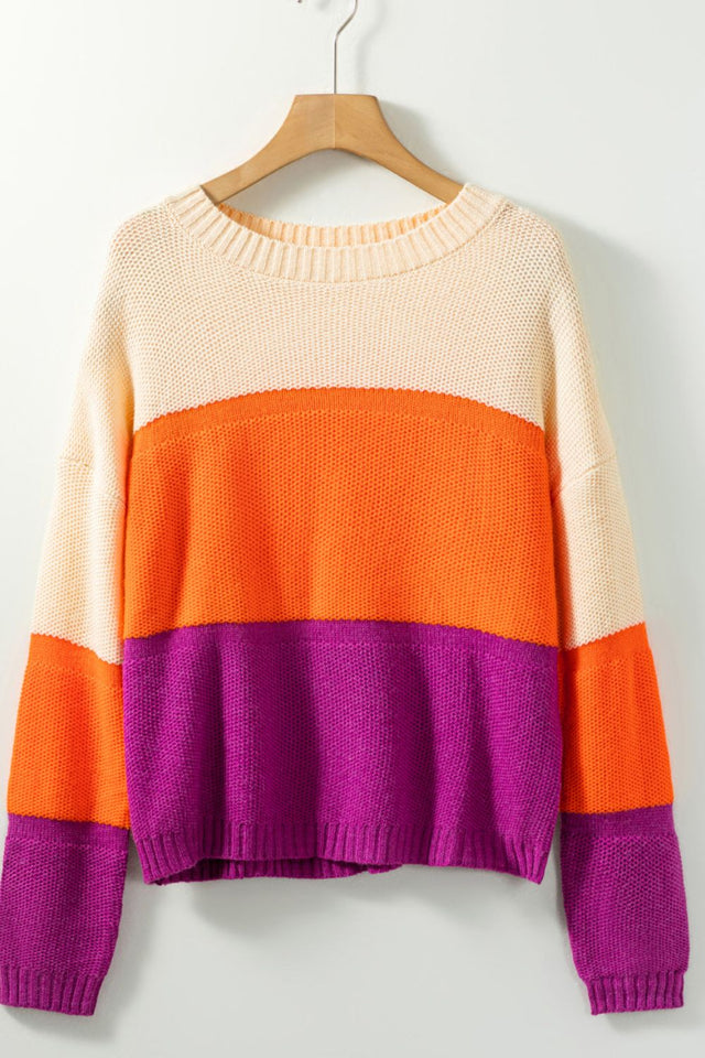 Color Block Drop Shoulder Round Neck Sweater | Hanalas