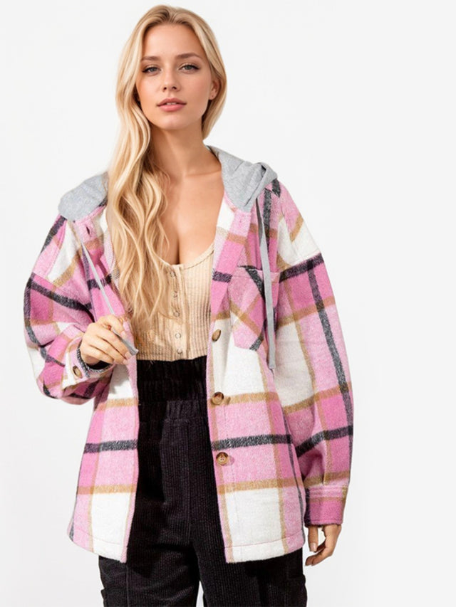 Drawstring Plaid Button Up Long Sleeve Outerwear Trendsi Hanalas