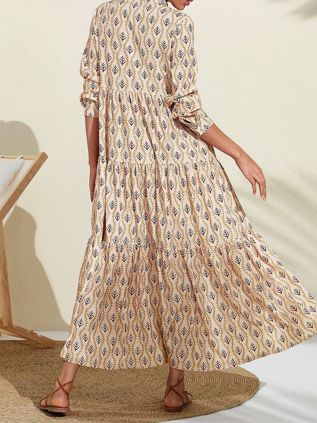 Printed Notched Long Sleeve Midi Dress Trendsi Hanalas