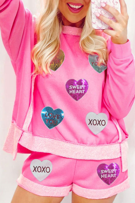 Sequin Heart Round Neck Top and Shorts Set | Hanalas