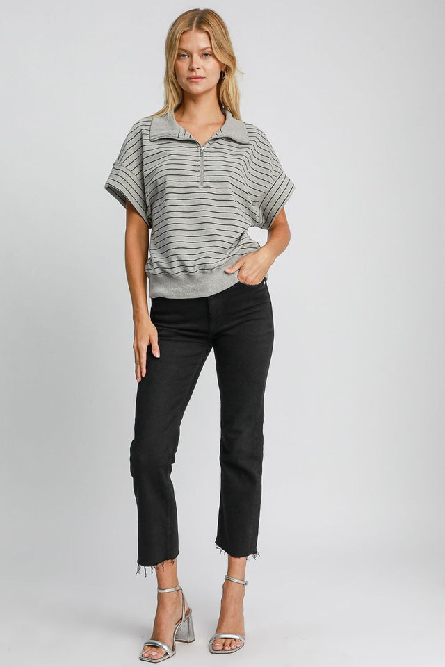 Umgee Striped Half Zip Short Sleeve Sweatshirt | Hanalas