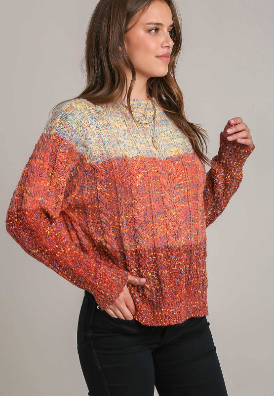 Cable-Knit Color Block Round Neck Long Sleeve Sweater Trendsi Hanalas