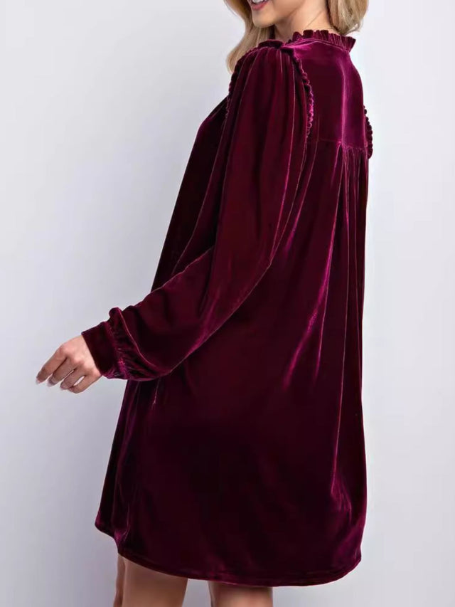 Frill Notched Long Sleeve Dress with Pockets | Hanalas