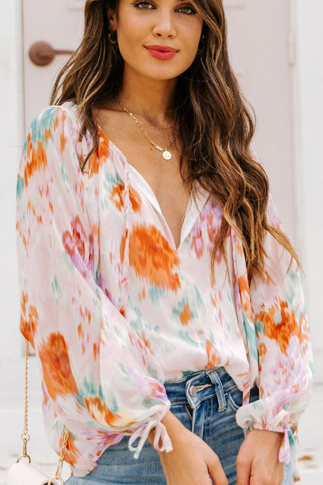 Printed Tie Neck Long Sleeve Blouse | Hanalas