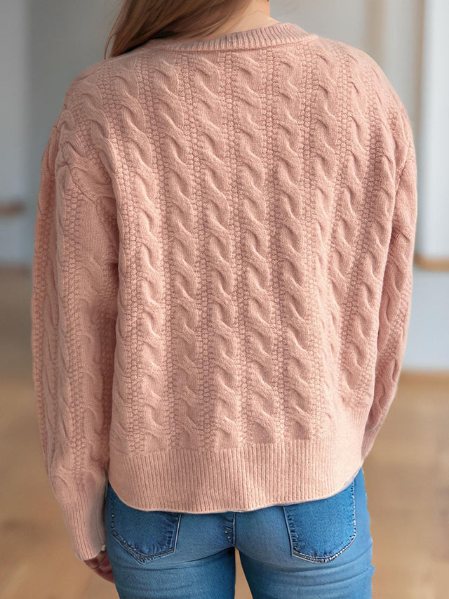 Cable-Knit Round Neck Long Sleeve Cardigan Trendsi Hanalas