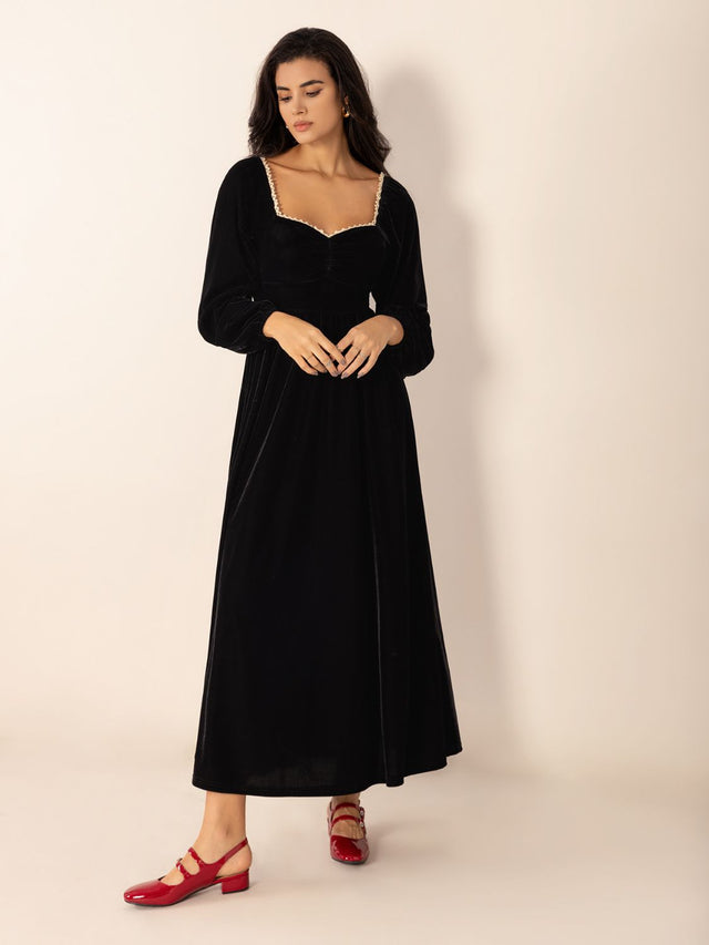 Sweetheart Neck Long Sleeve Midi Dress Trendsi Hanalas