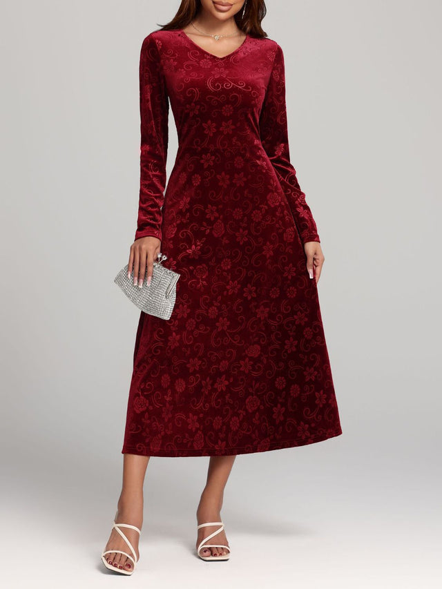 Flower Print V-Neck Long Sleeve Midi Dress | Hanalas