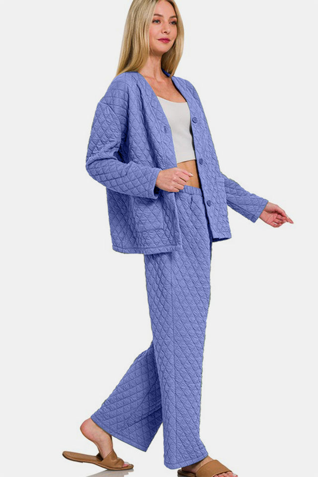 Zenana Quilted Button Up Long Sleeve Top and Pants Lounge Set | Hanalas