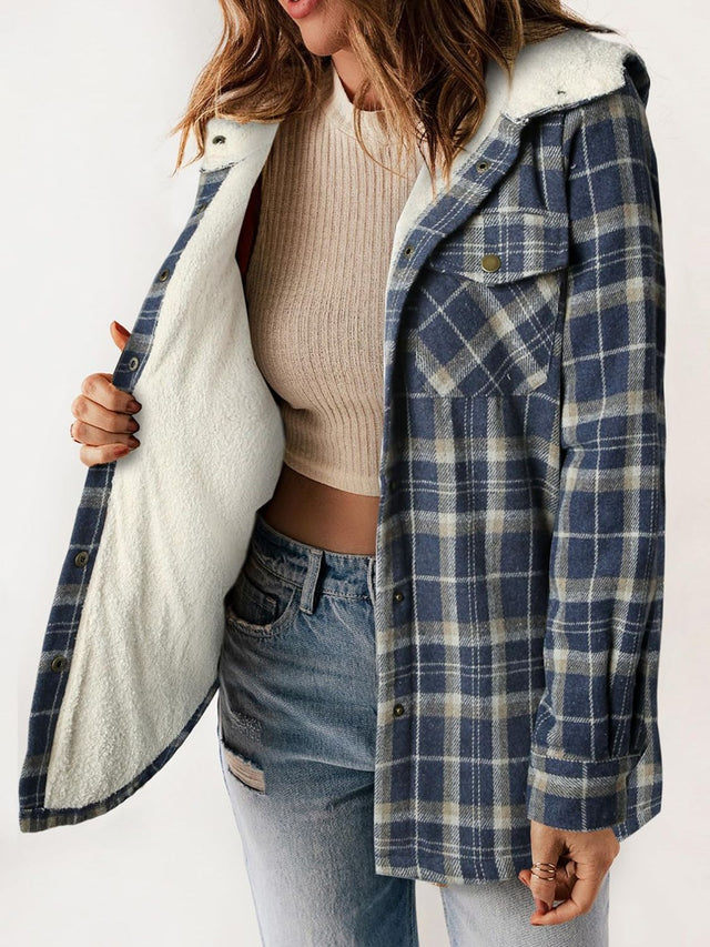 Plaid Snap Down Plush Hooded Jacket | Hanalas