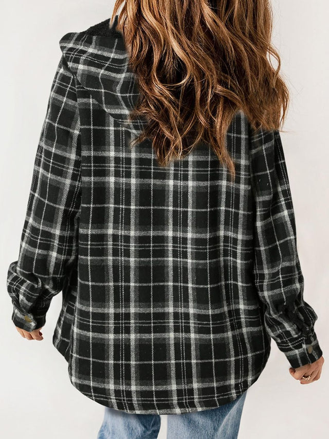 Plaid Snap Down Plush Hooded Jacket | Hanalas