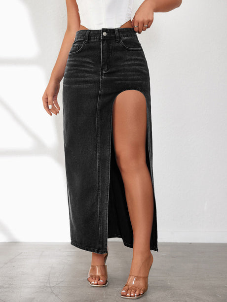 High Rise Slit Denim Skirt | Hanalas