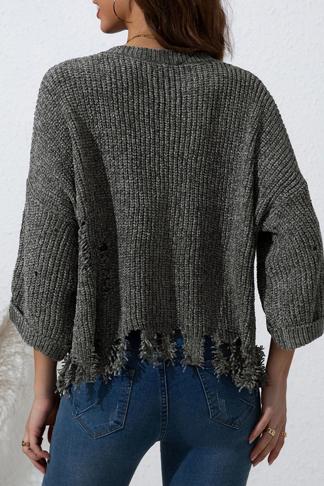 Distressed Round Neck Drop Shoulder Sweater | Hanalas