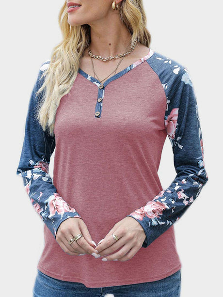 V-Neck Floral Long Sleeve T-Shirt | Hanalas