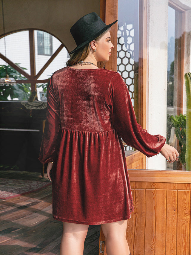 Plus Size Lace Detail V-Neck Long Sleeve Mini Dress Trendsi Hanalas