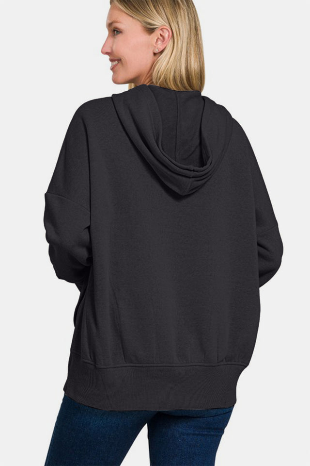 Zenana Half Snap Long Sleeve Hoodie with Kangaroo Pocket | Hanalas