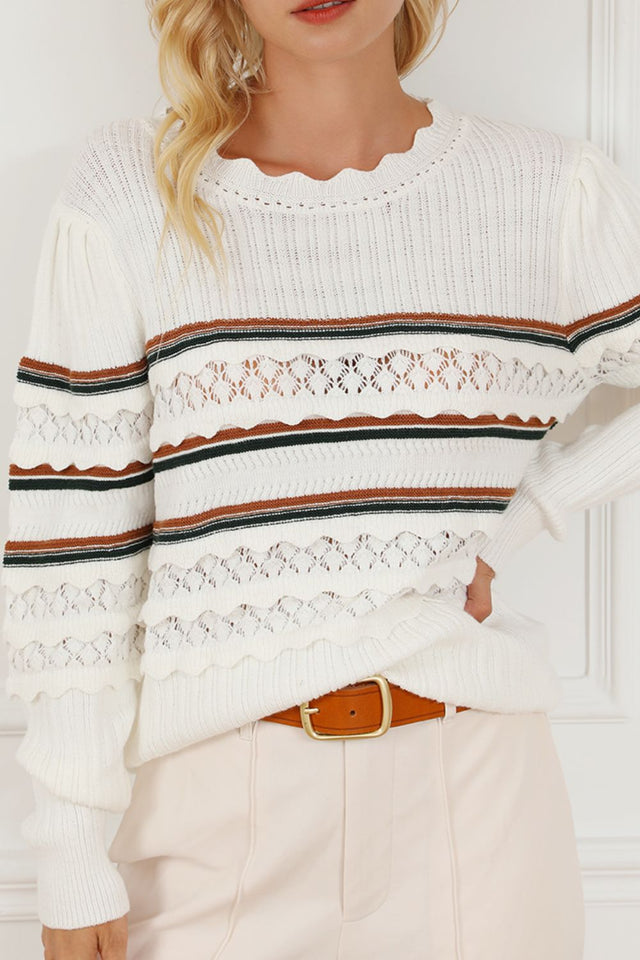 Striped Hollow Out Round Neck Long Sleeve Sweater | Hanalas