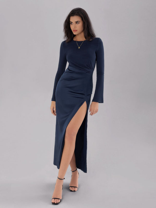 Split Round Neck Long Sleeve Midi Dress Trendsi Hanalas